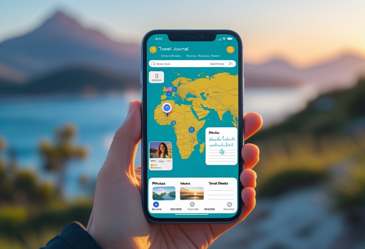 Eine Hand hält ein Smartphone mit einer Reisejournal-App vor einer verschwommenen Naturlandschaft im Hintergrund.