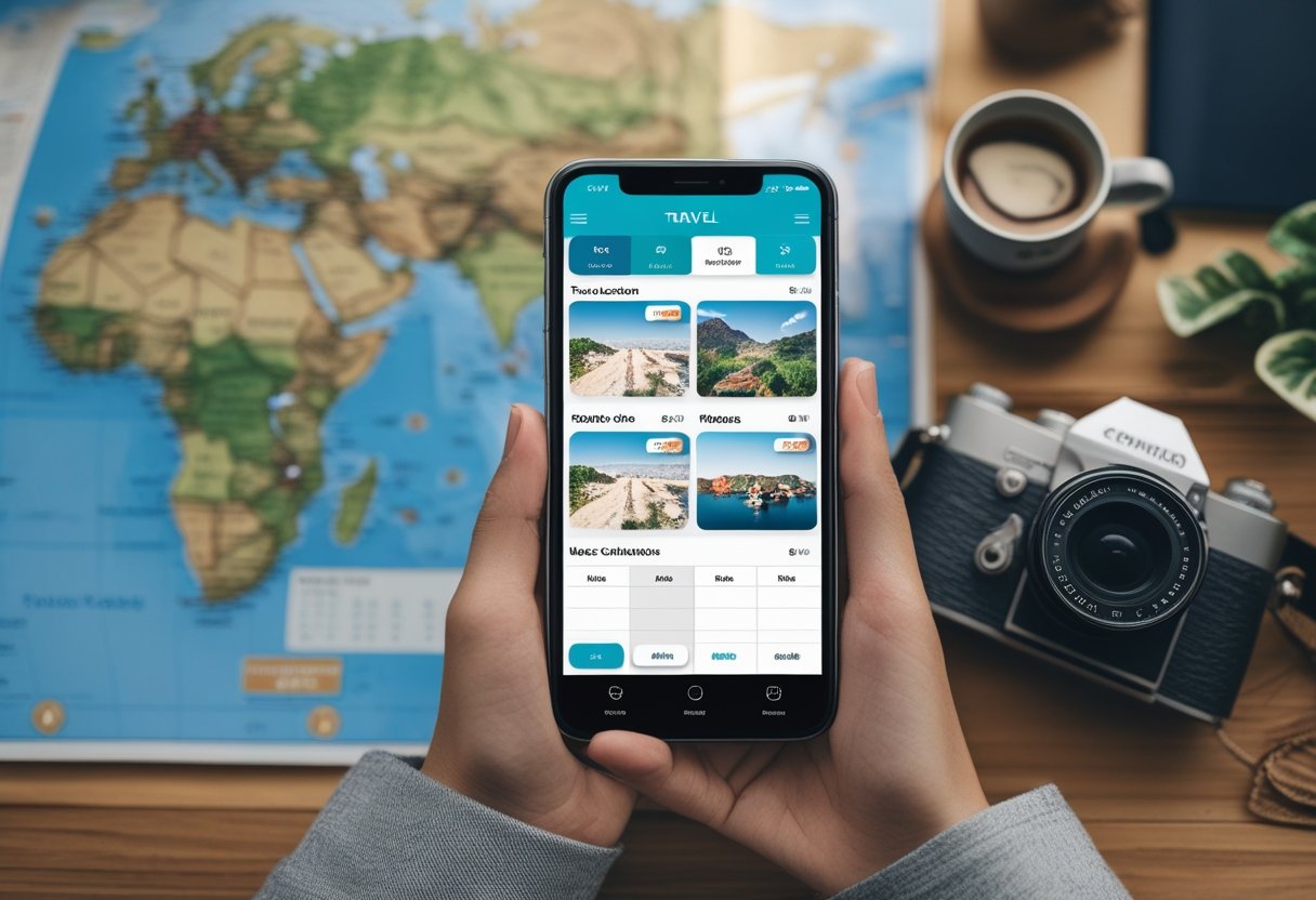 Eine Person hält ein Smartphone mit einer Reisetagebuch-App, umgeben von Reiseutensilien wie einem Reisepass, einer Weltkarte und einer Kamera auf einem Holztisch.