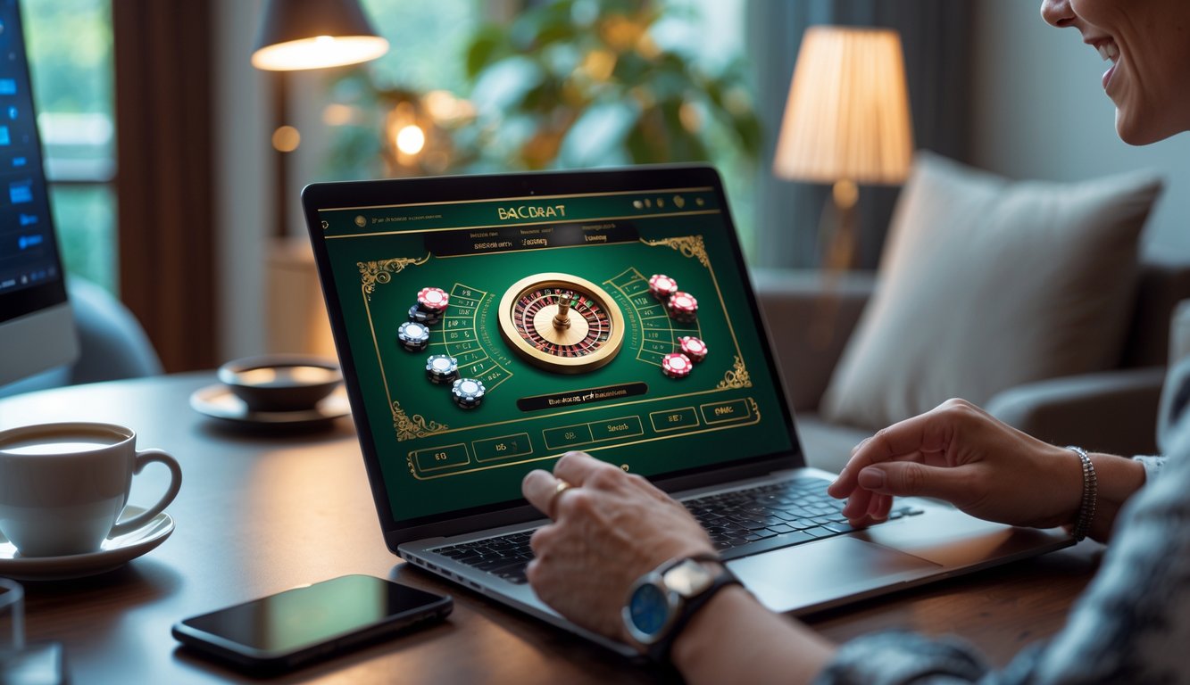 Seseorang bermain permainan baccarat online di depan komputer di ruangan yang nyaman dan modern.