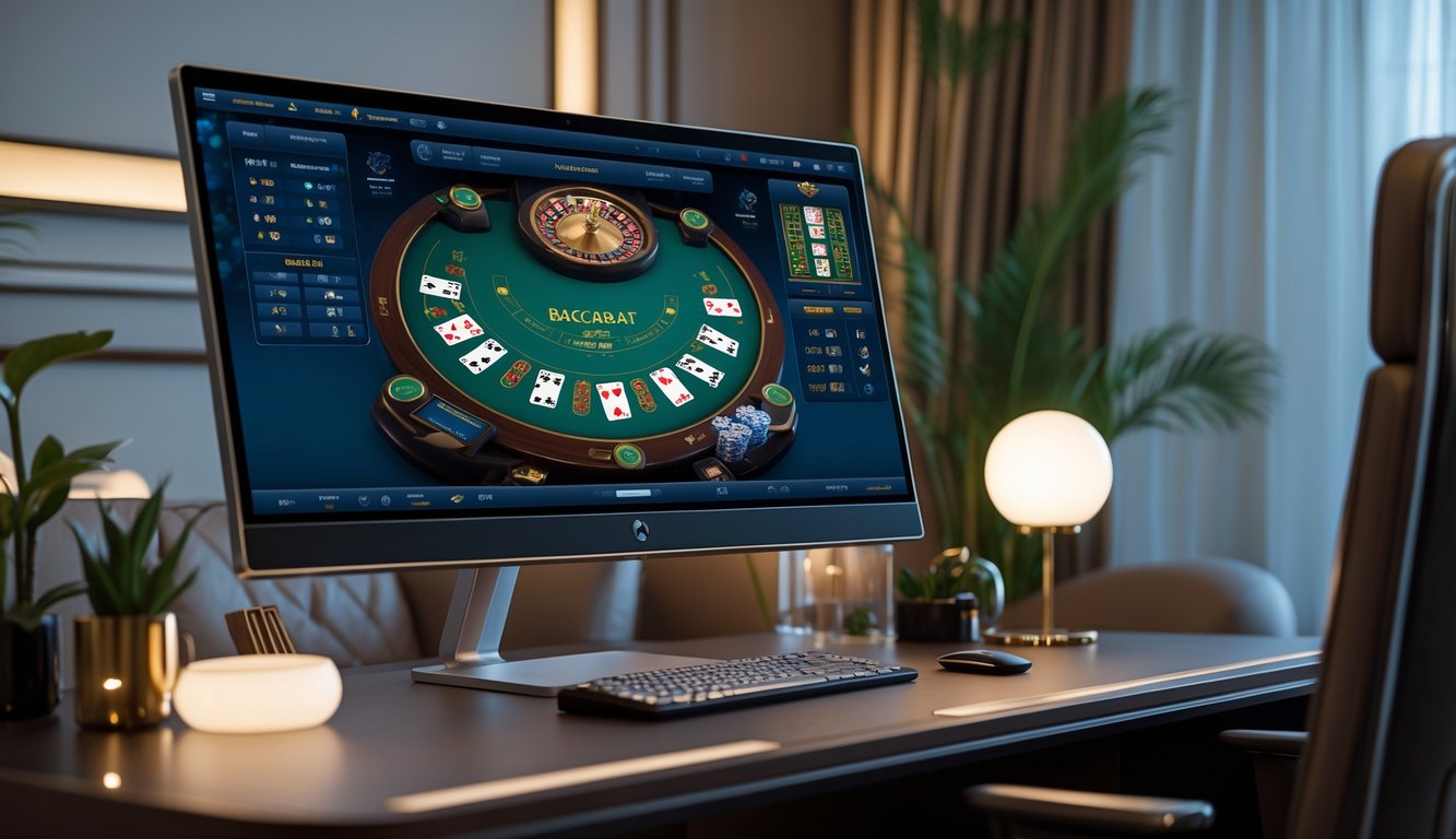 Meja permainan baccarat online interaktif yang ditampilkan di layar komputer dalam ruangan bermain yang elegan.