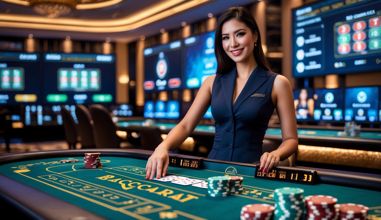 Seorang dealer profesional sedang membagikan kartu di meja baccarat modern dengan latar belakang layar besar yang menampilkan permainan baccarat secara langsung.