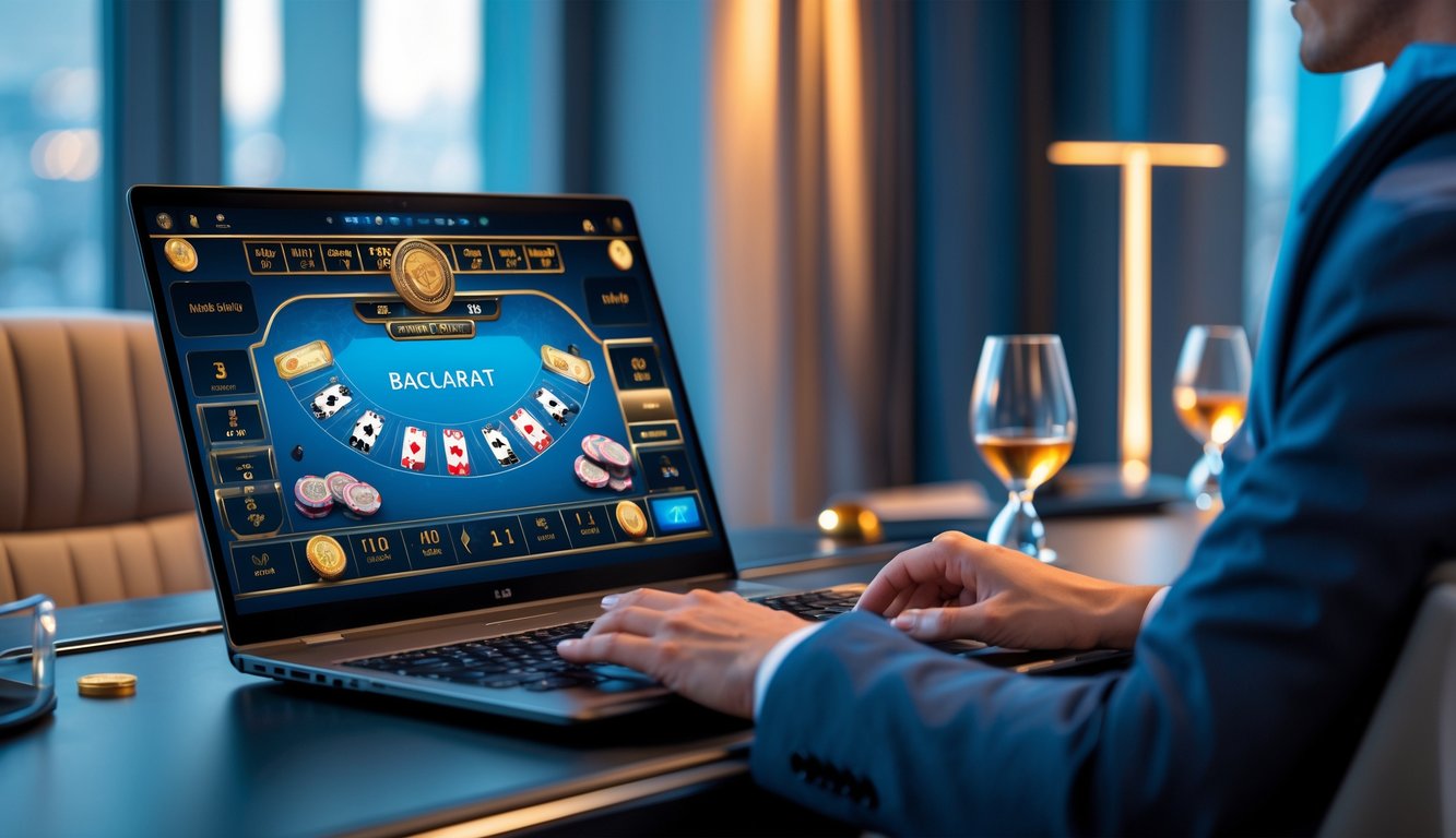 Seseorang sedang bermain baccarat online di komputer dengan tampilan permainan dan chip kartu terlihat jelas di meja kerja modern.