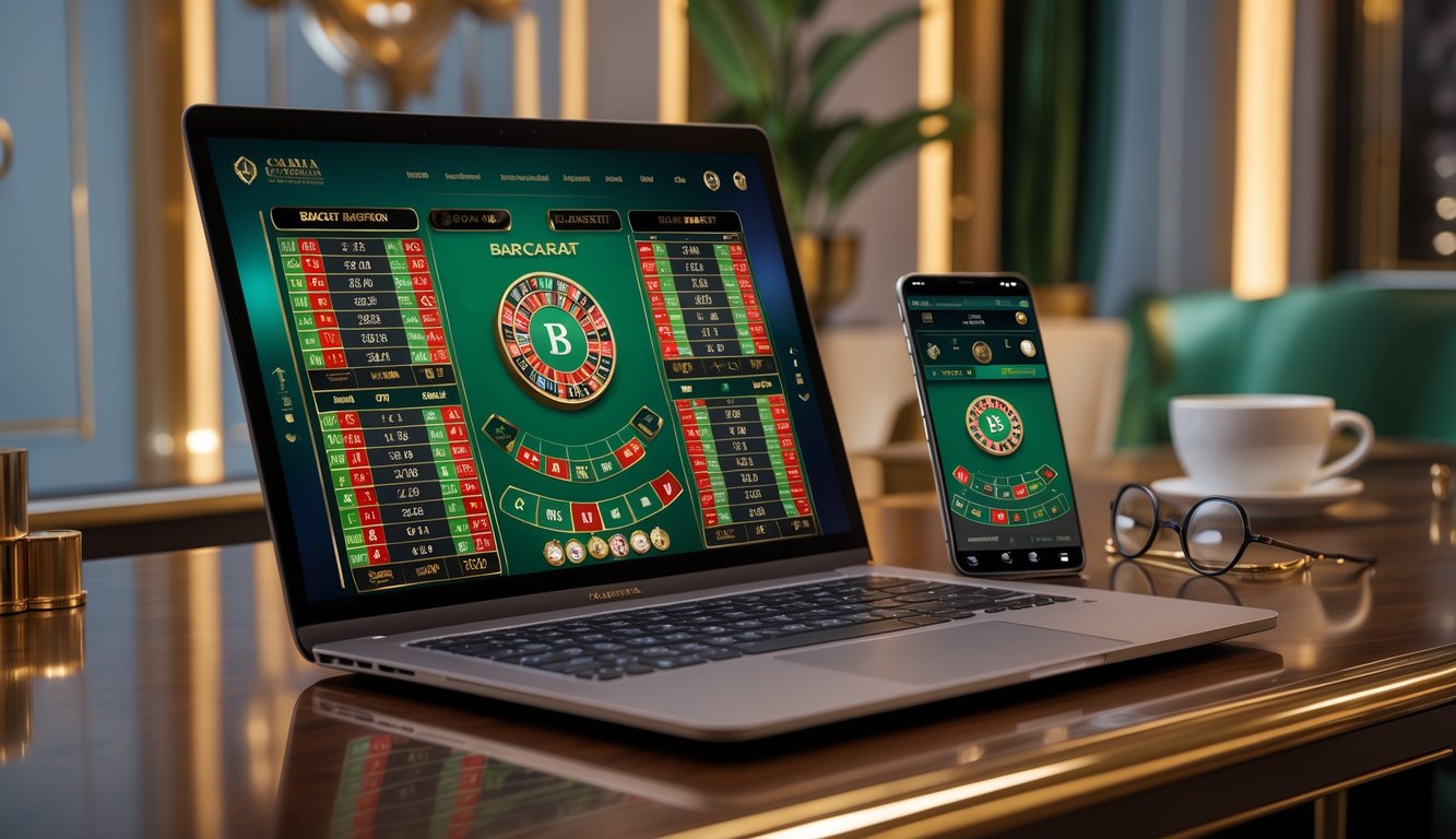 Layar laptop dan ponsel menampilkan berbagai meja permainan baccarat online dalam suasana ruangan yang elegan dan nyaman.