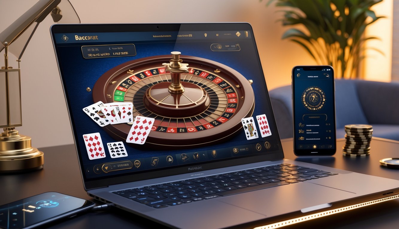 Sebuah layar komputer menampilkan permainan baccarat online dengan kartu dan chip, di sekitar terdapat ponsel dan suasana nyaman untuk bermain.