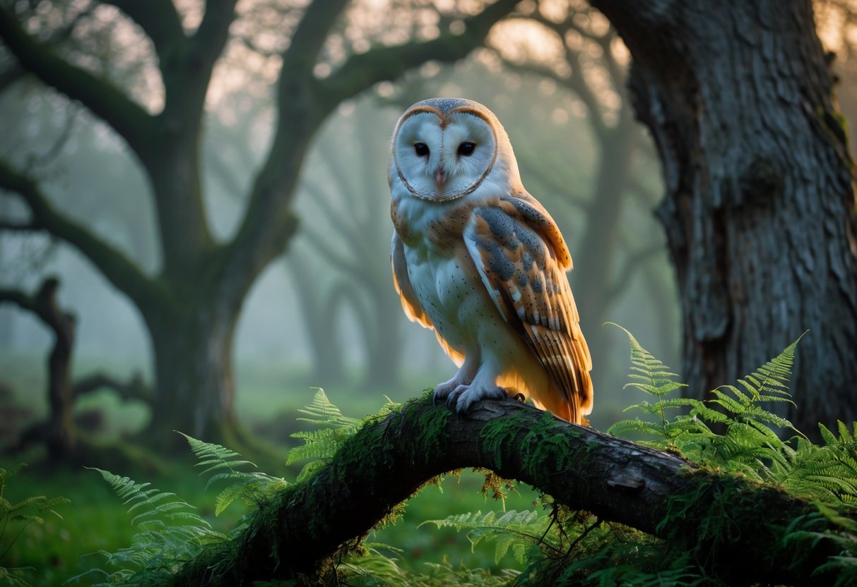 A barn owl perched on a mossy branch in a misty forest at dawn.