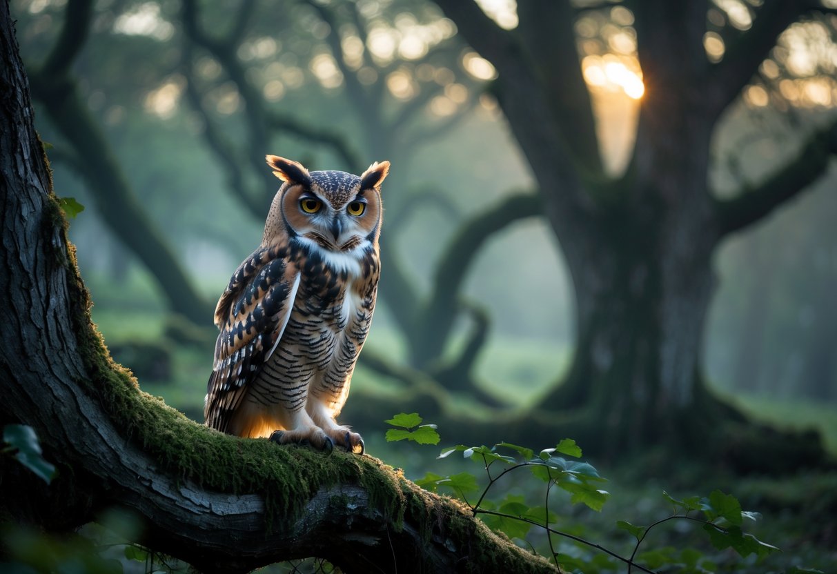 An owl perched on a mossy branch in a misty British woodland at twilight.