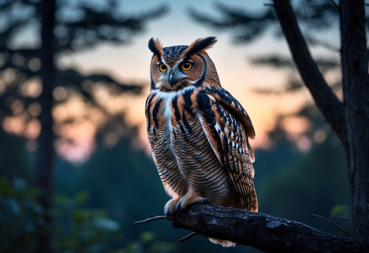 An owl perched on a tree branch in a forest at dusk, looking attentively into the distance.