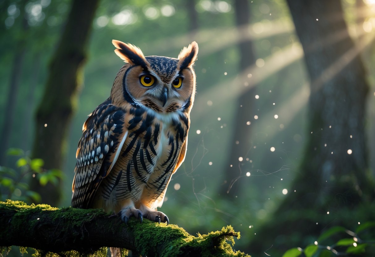 A close-up of an owl perched on a mossy branch in a misty forest at dawn.