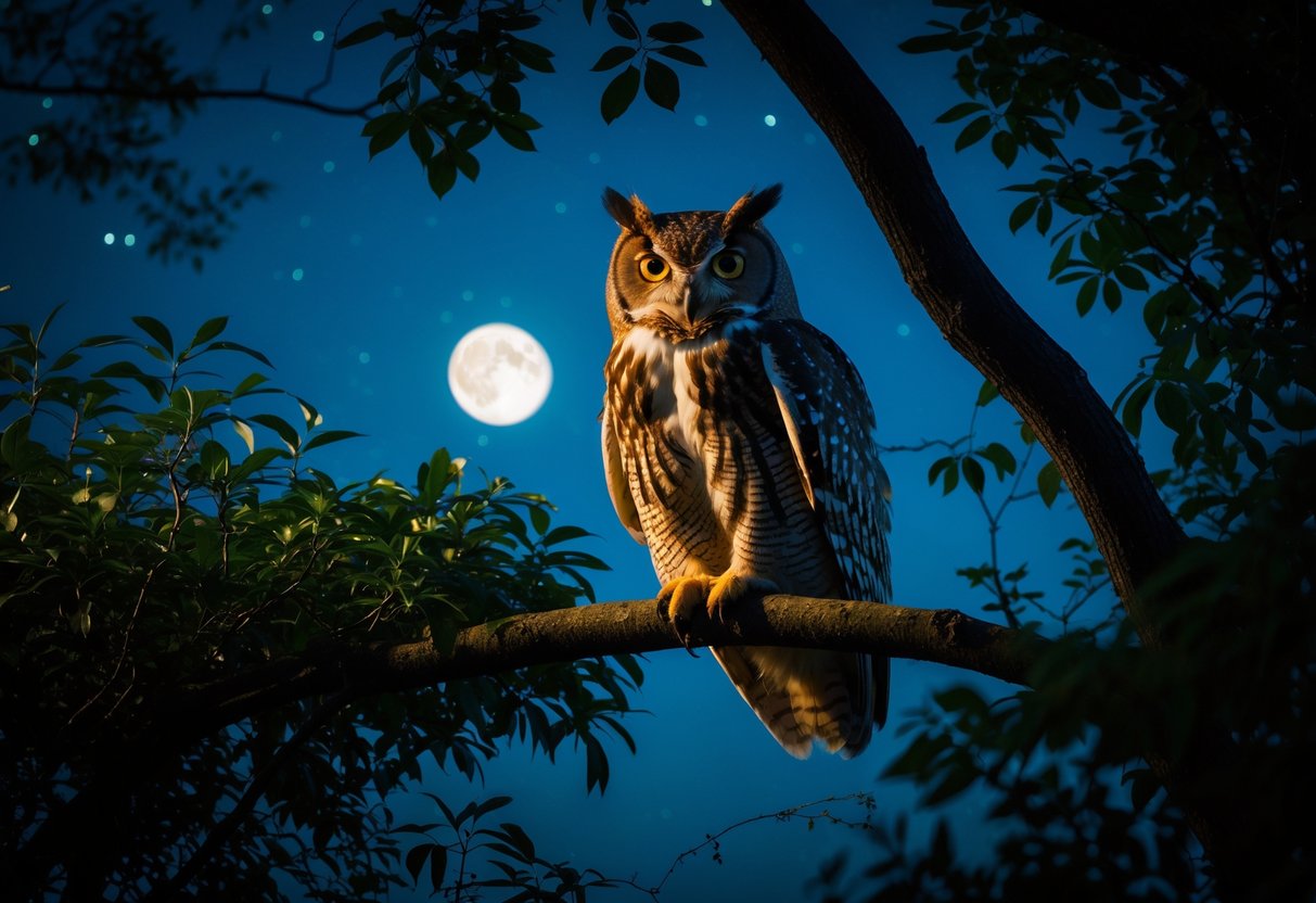 An owl perched on a tree branch at night with moonlight and stars in the background.