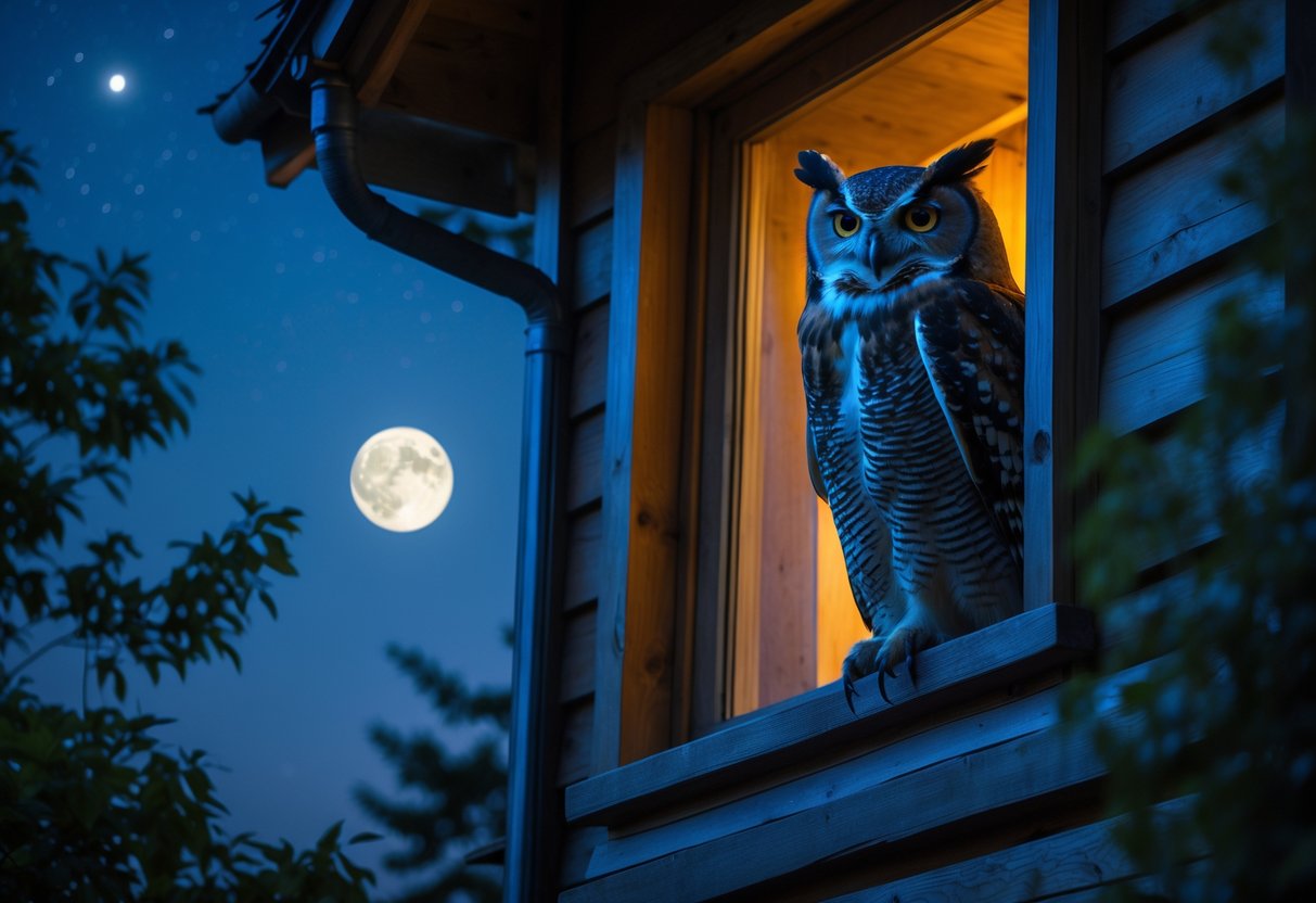 An owl perched on the window frame of a warmly lit house at night under a starry sky.