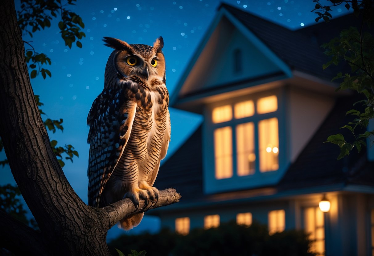 An owl perched on a tree branch near a warmly lit house at night under a starry sky.