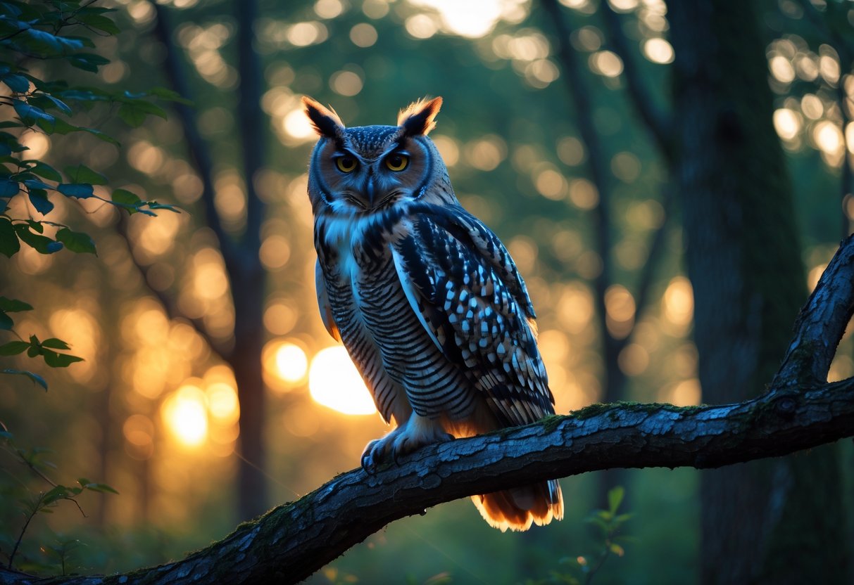 An owl perched on a tree branch in a forest at twilight, looking directly ahead.