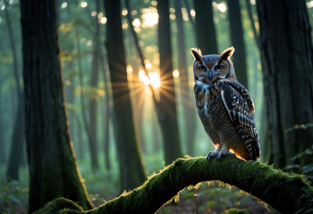 An owl perched on a mossy branch in a quiet forest at dusk with soft sunlight filtering through the trees.