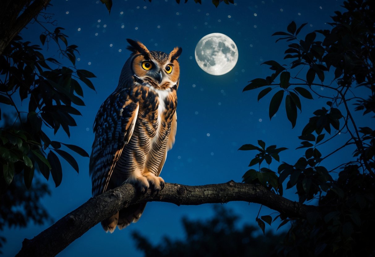An owl perched on a tree branch at night with its eyes open, surrounded by trees and a starry sky.