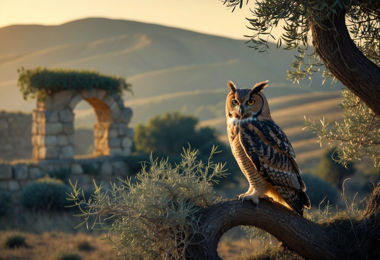 An owl perched on an olive tree branch in a peaceful ancient landscape with hills and an old stone building in the background.