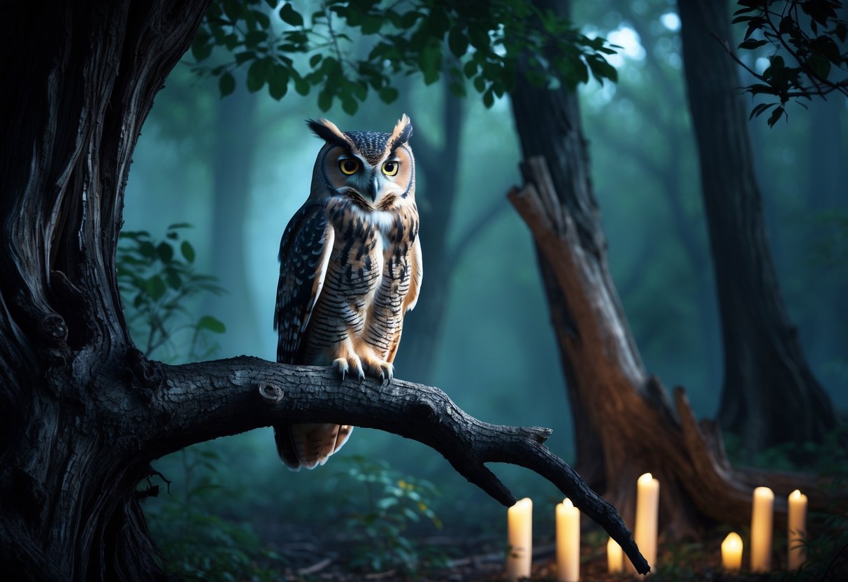 An owl with glowing eyes perched on a tree branch in a dark forest with soft light and old scrolls on the ground.