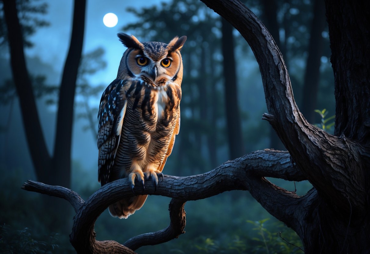 An owl perched on a tree branch in a misty forest at twilight with glowing eyes.