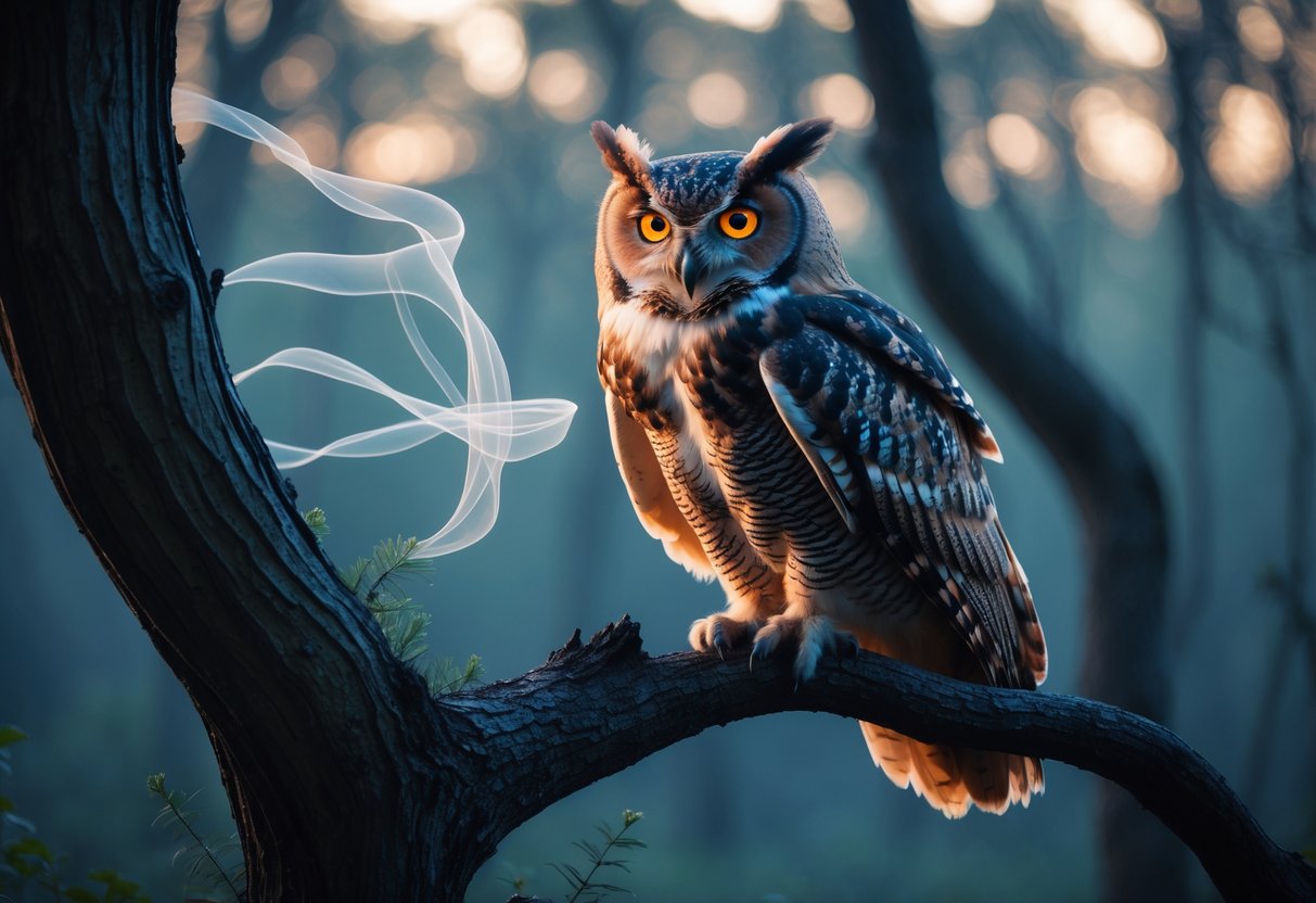 An owl perched on a tree branch in a misty forest with soft glowing light and faint wisps around it.