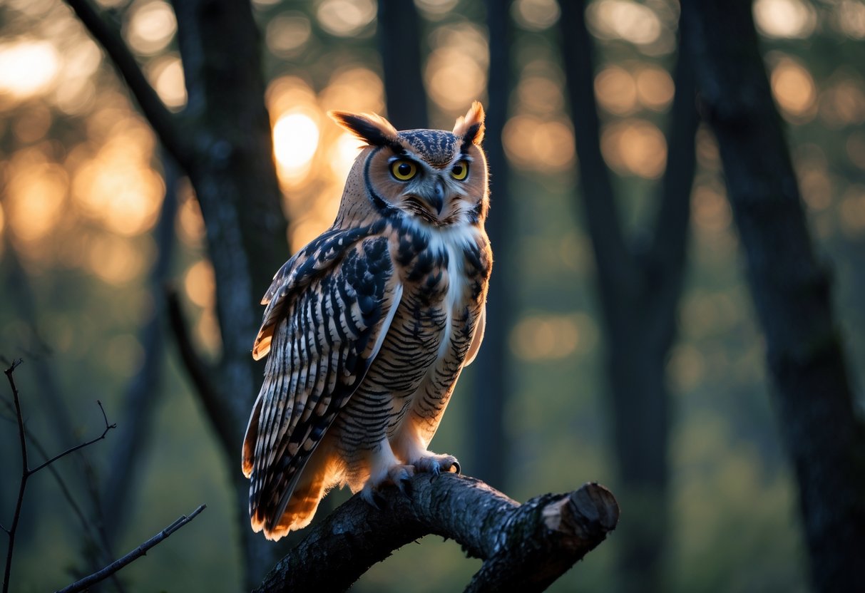 An owl perched on a tree branch at dusk with its beak open as if hooting, surrounded by a forest background.
