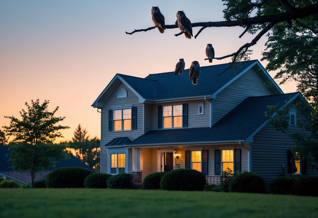 A quiet suburban house at dusk with owls perched on nearby tree branches and the roof.