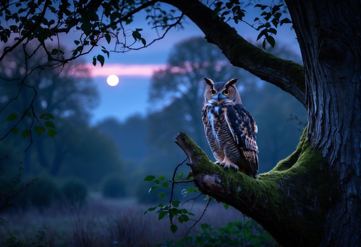 An owl perched on a tree branch in a UK woodland at twilight with soft moonlight filtering through the trees.