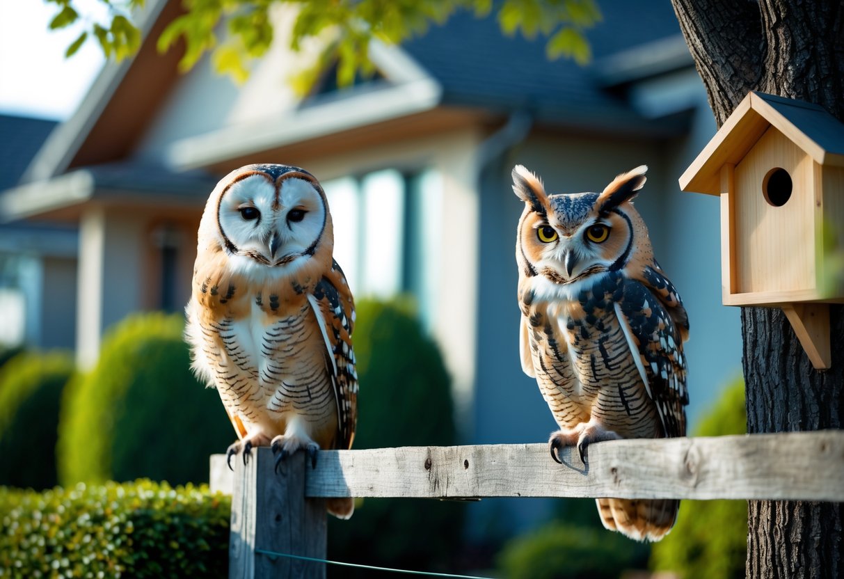 Three owls perched near a suburban house, including a barn owl on a fence, a great horned owl on a tree branch, and a screech owl in a birdhouse.