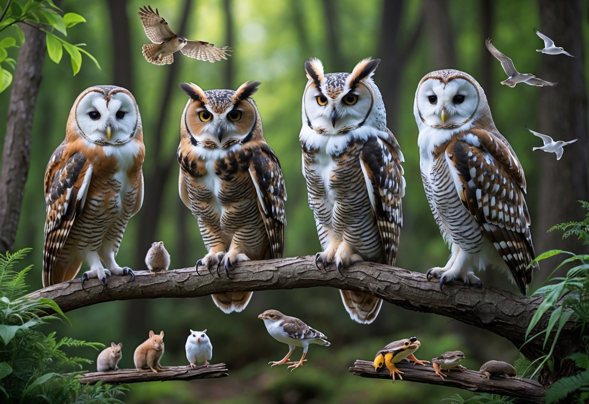 Several different owl species perched on branches surrounded by their typical prey in a forest setting.