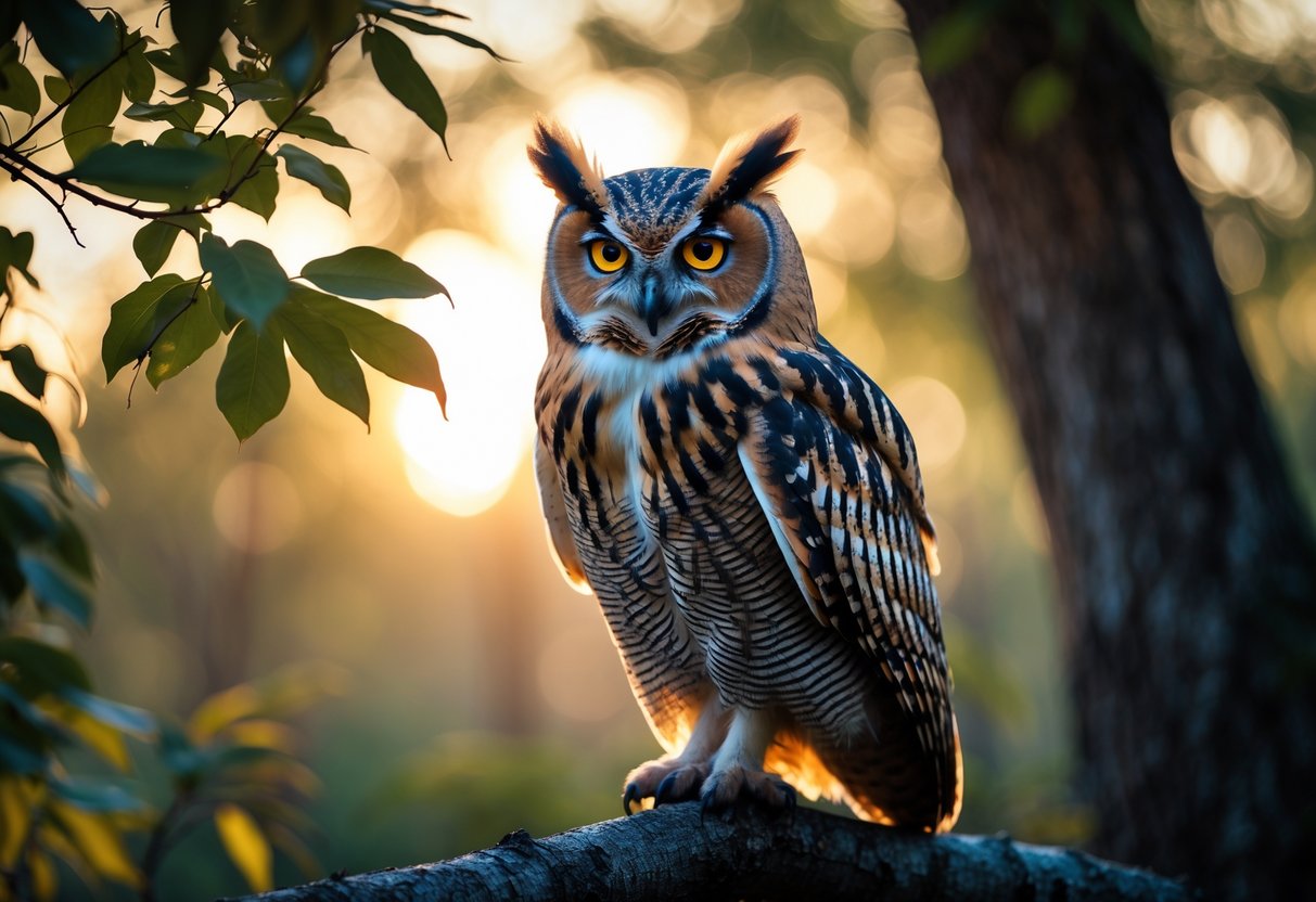 An owl perched on a tree branch at dusk with glowing yellow eyes in a forest setting.