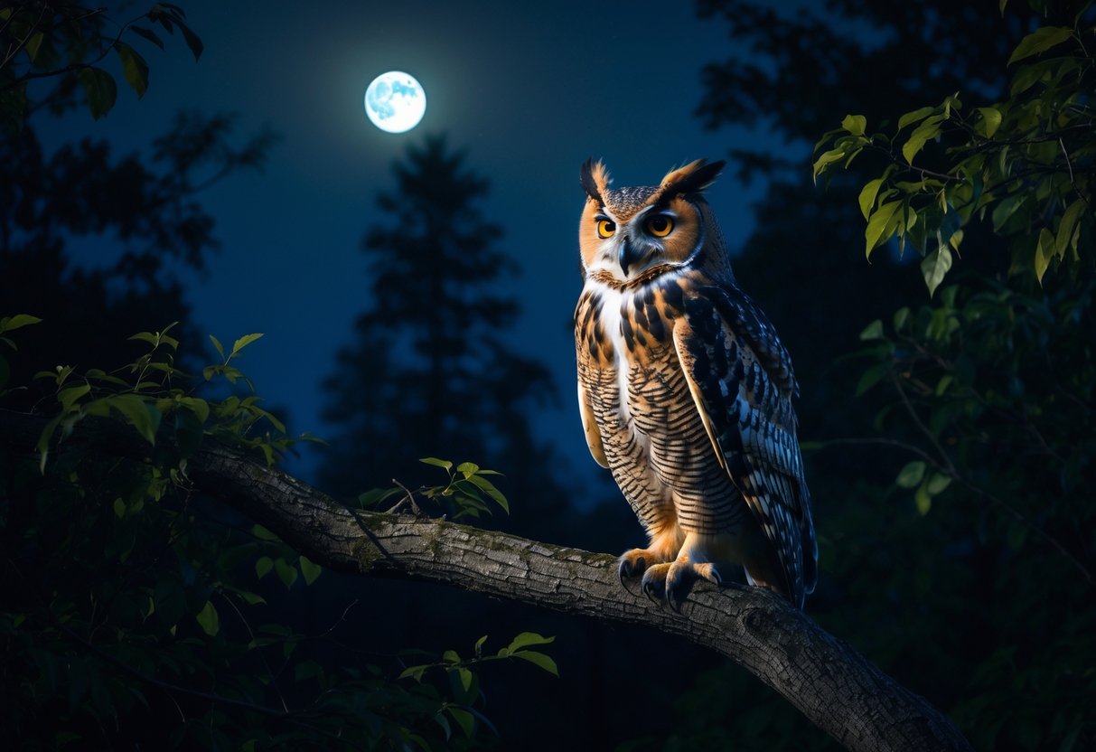 An owl perched on a tree branch at night with its beak open as if hooting, surrounded by trees under a starry sky.