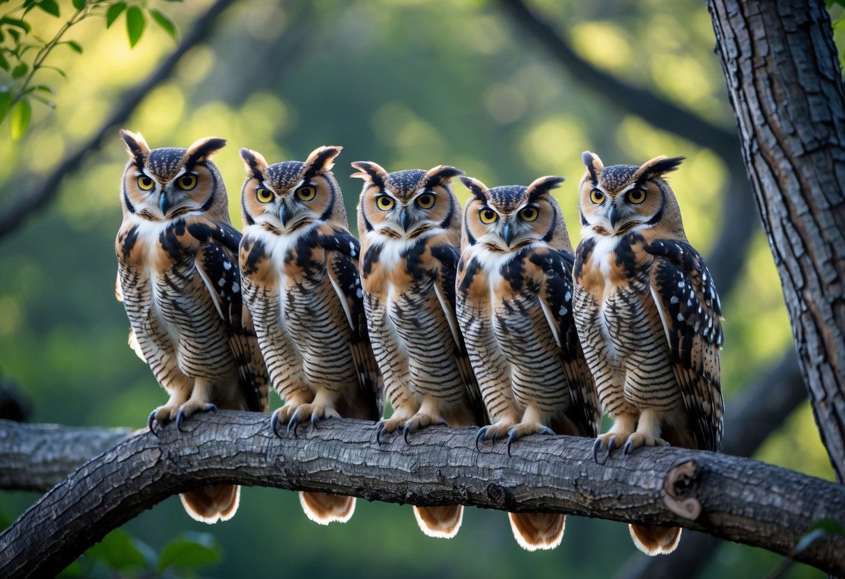 A group of owls perched closely together on tree branches in a forest.