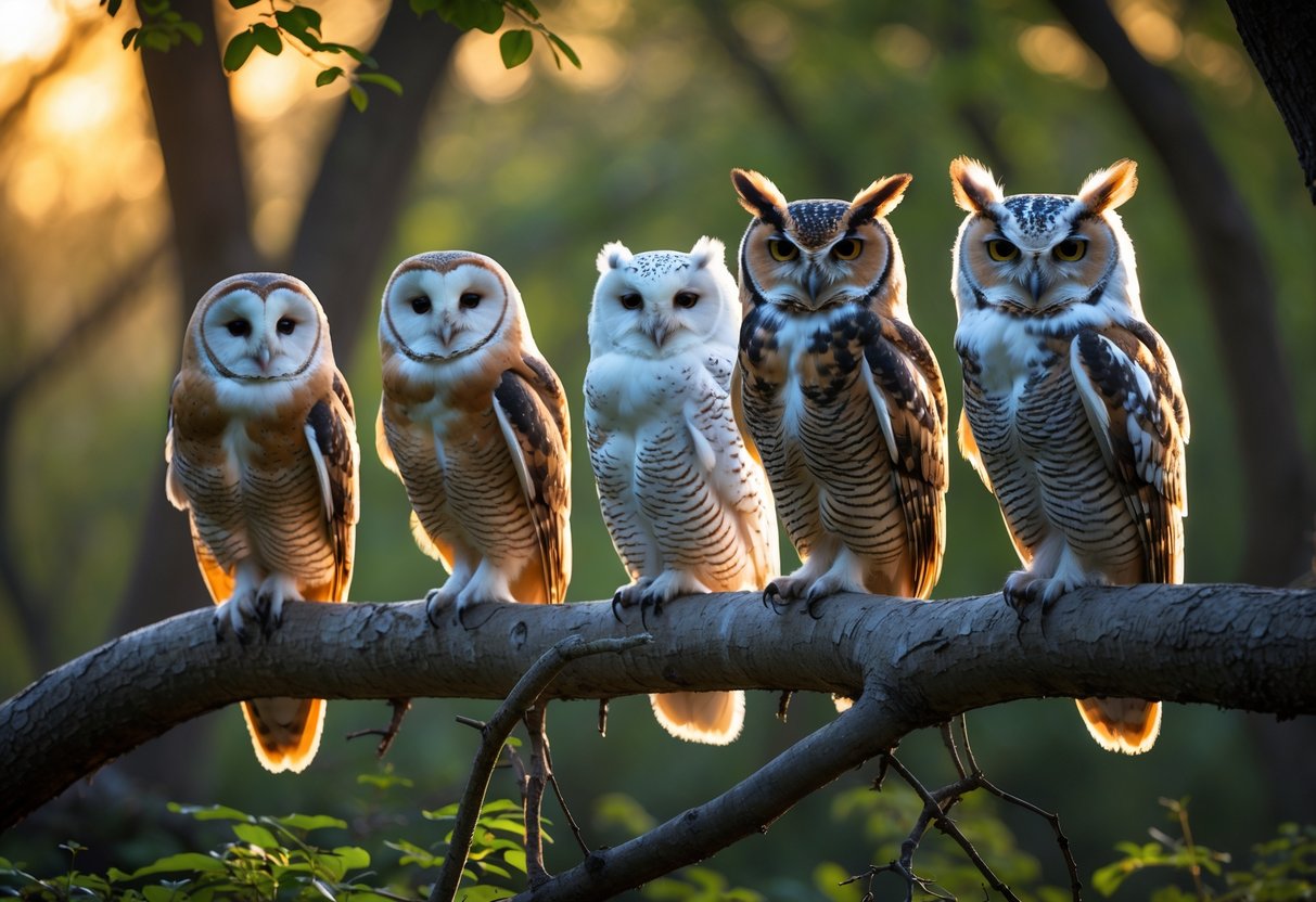 Several different owl species perched on branches in a sunlit forest, showing their distinct features.
