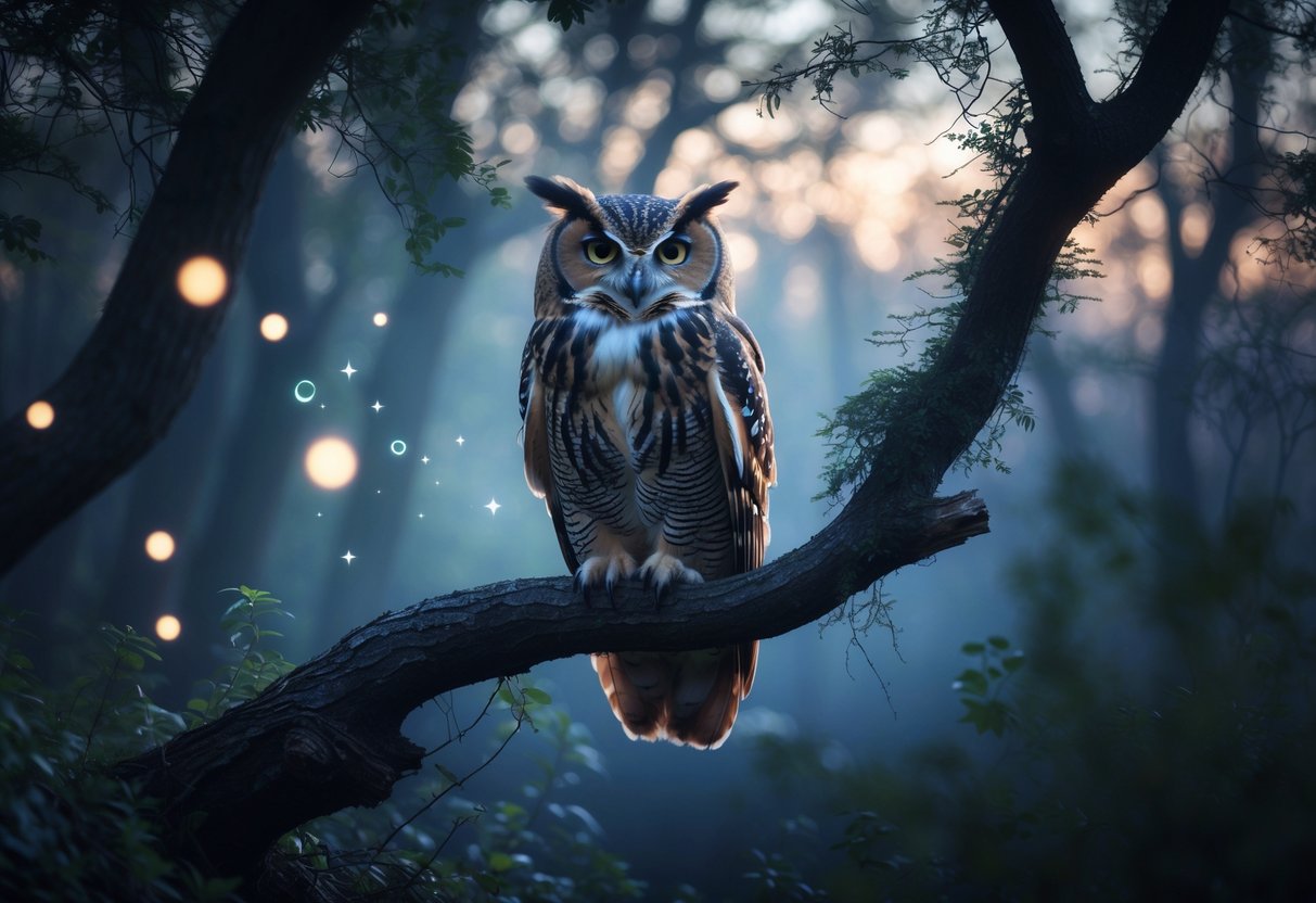 An owl perched on a tree branch in a forest at dusk with glowing orbs and mist around it.