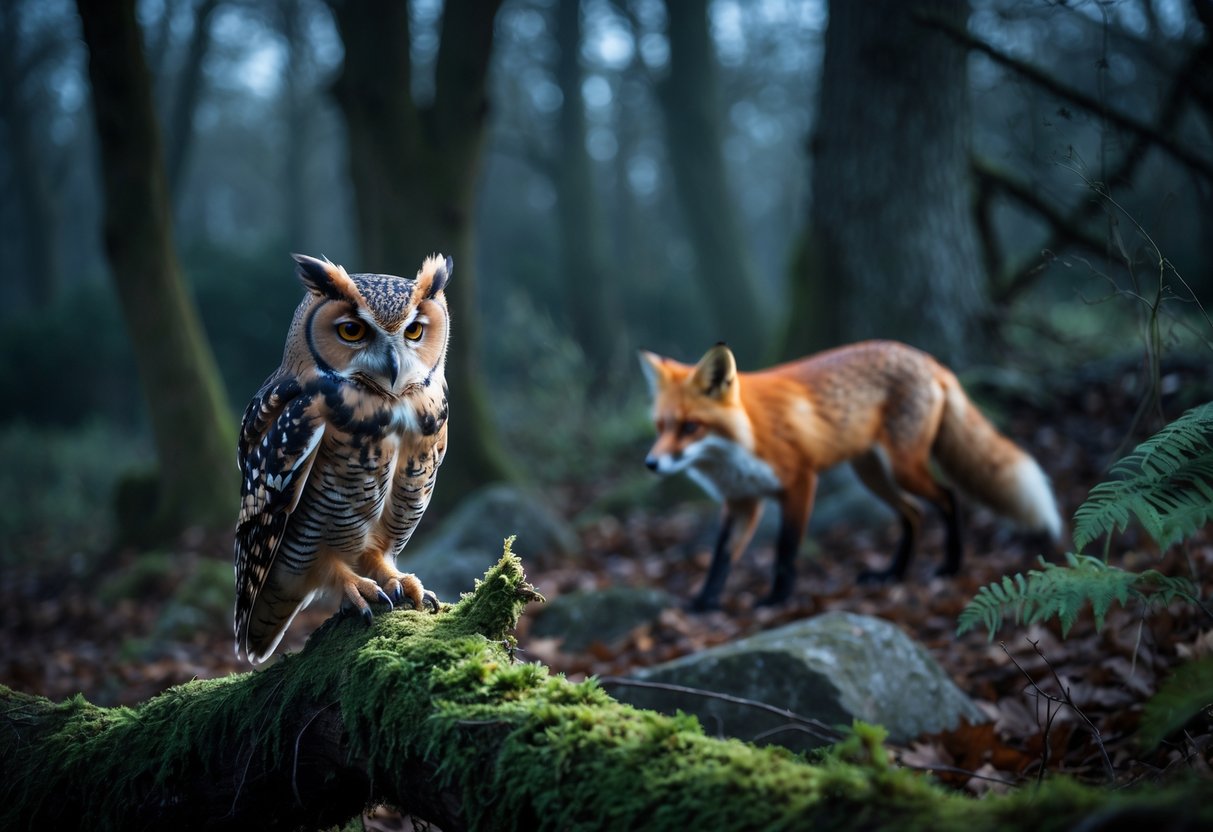 A tawny owl perched on a branch with a red fox moving through the forest underbrush nearby at twilight.