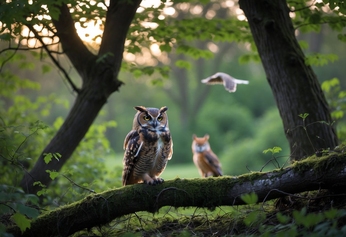 A tawny owl perched on a tree branch in a UK woodland with a fox hiding behind bushes and a buzzard flying in the sky.