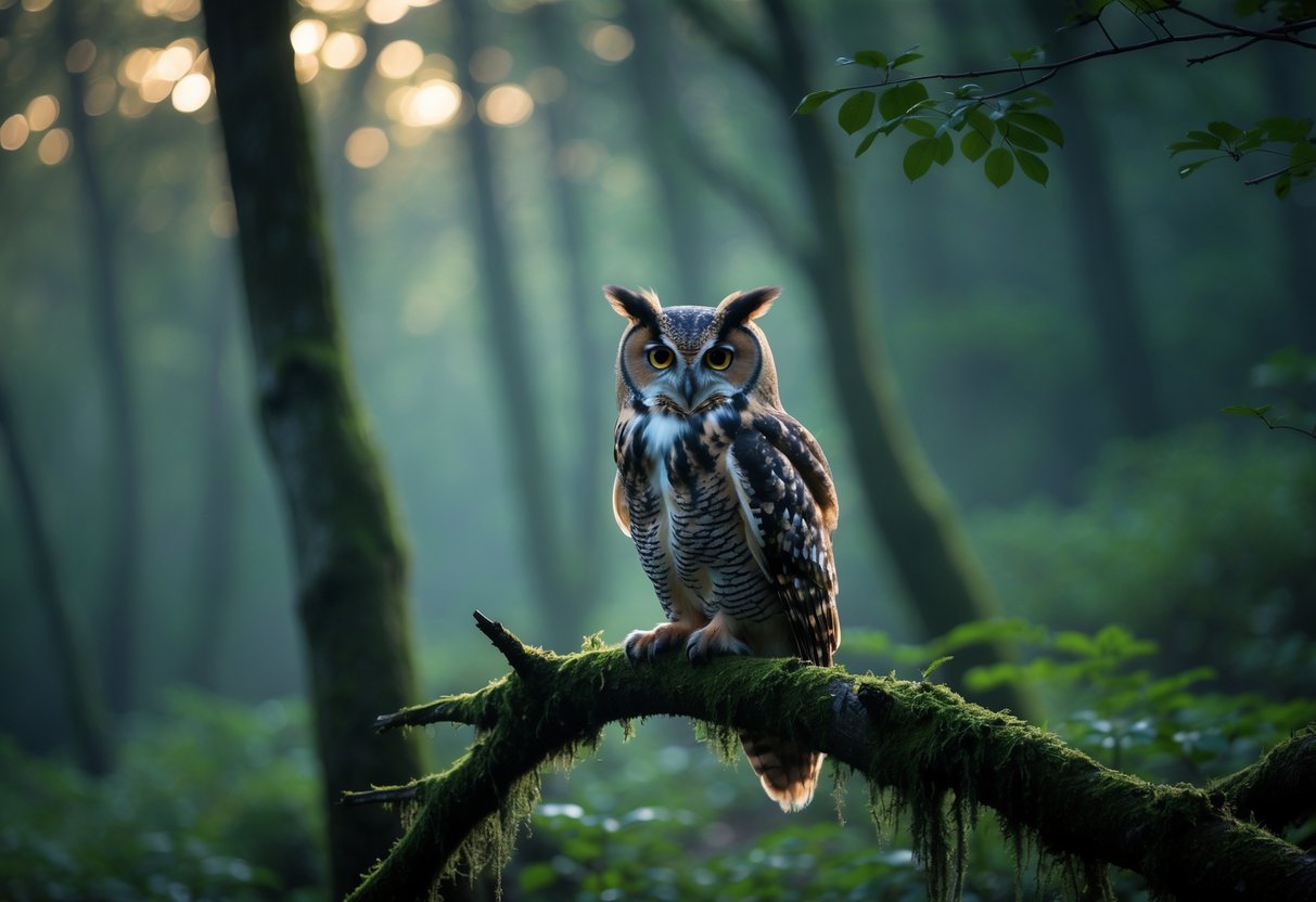 A solitary owl perched on a mossy tree branch in a misty forest at dusk.
