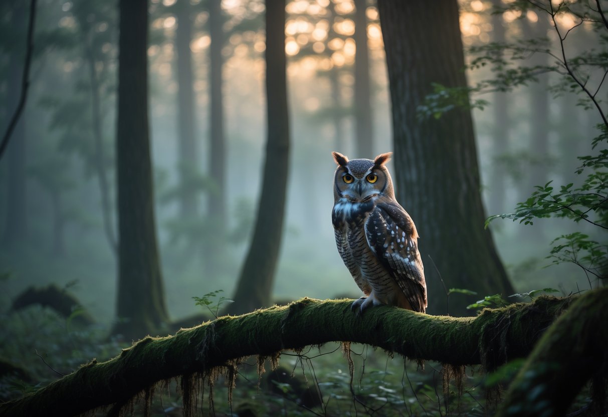 An owl perched quietly on a mossy branch in a misty forest at dawn, blending into the natural surroundings.