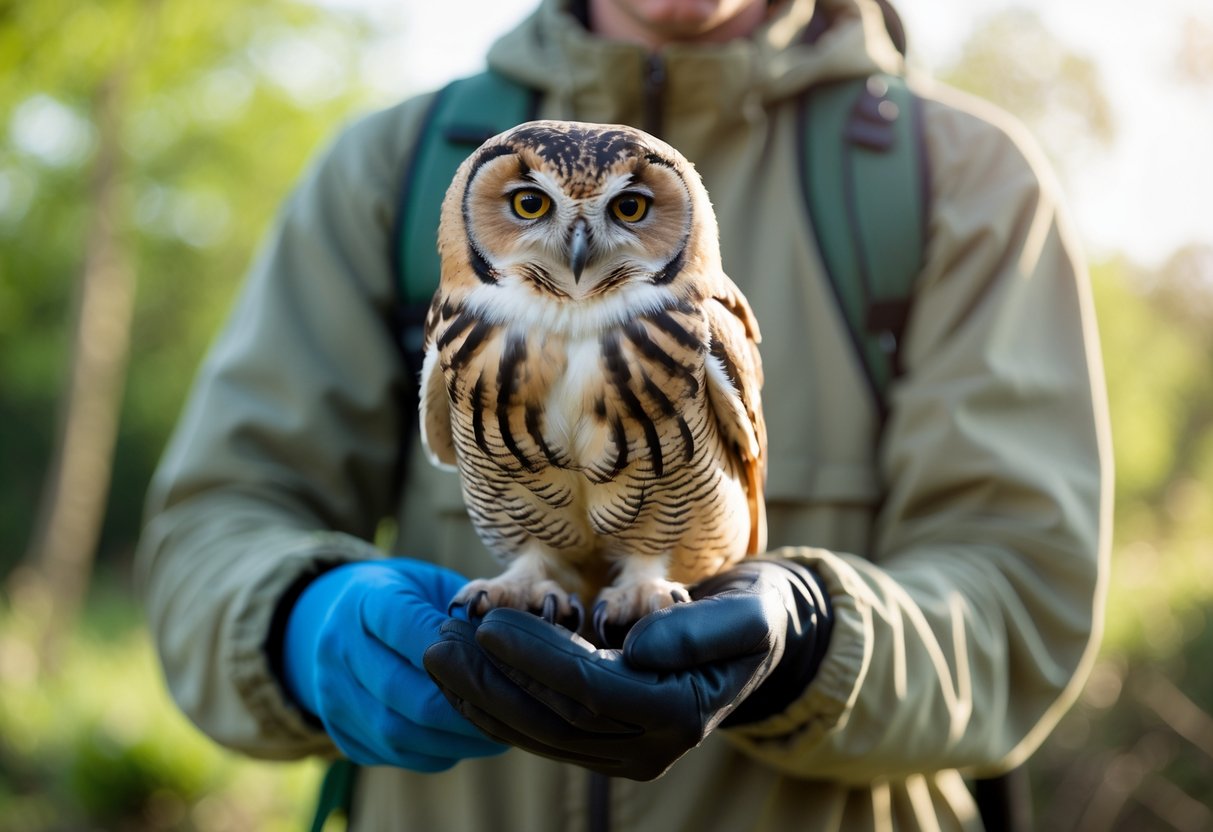 A person gently holding an owl outdoors with trees in the background.