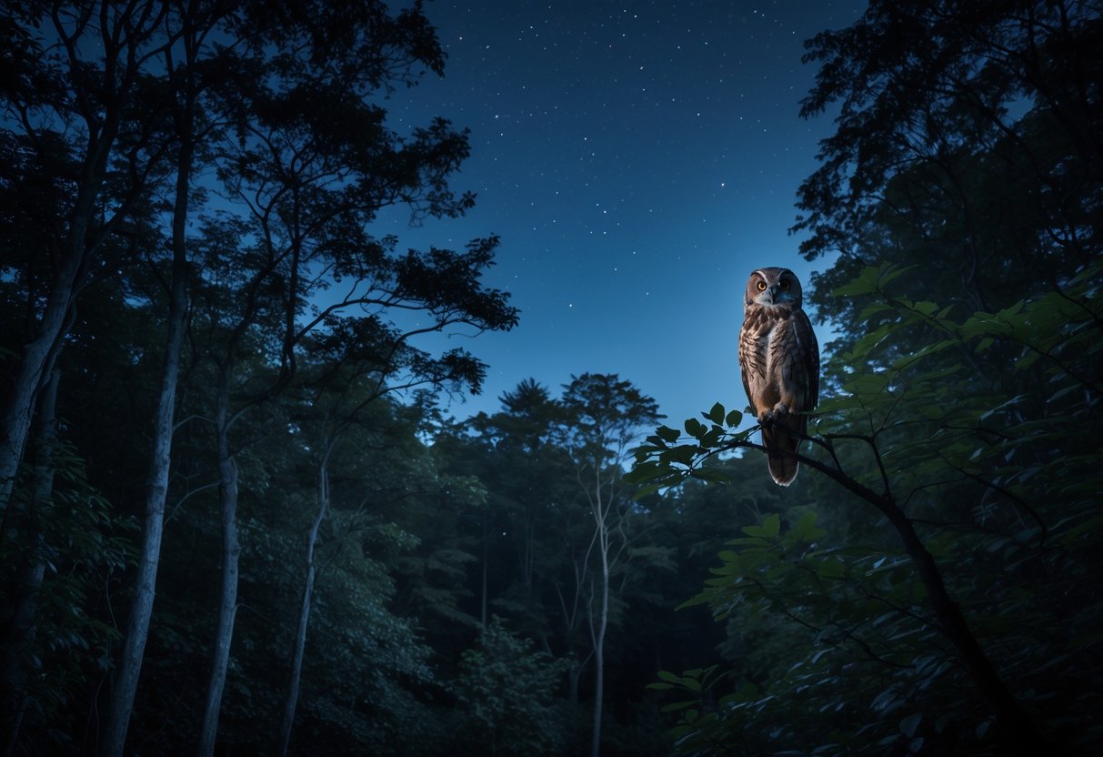 A nighttime forest scene with tall trees and a camouflaged owl perched on a branch under a starry sky.