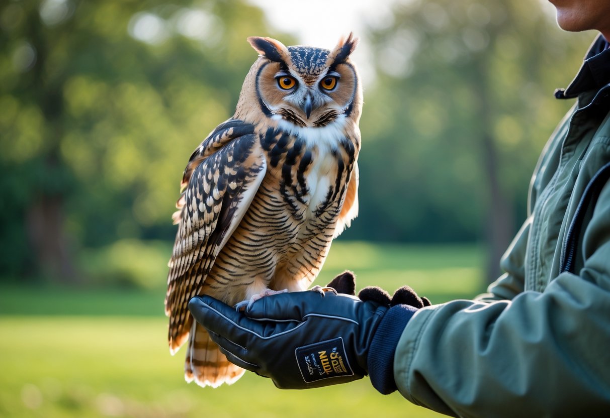A person wearing a glove gently holding a calm owl perched on their hand outdoors with trees in the background.