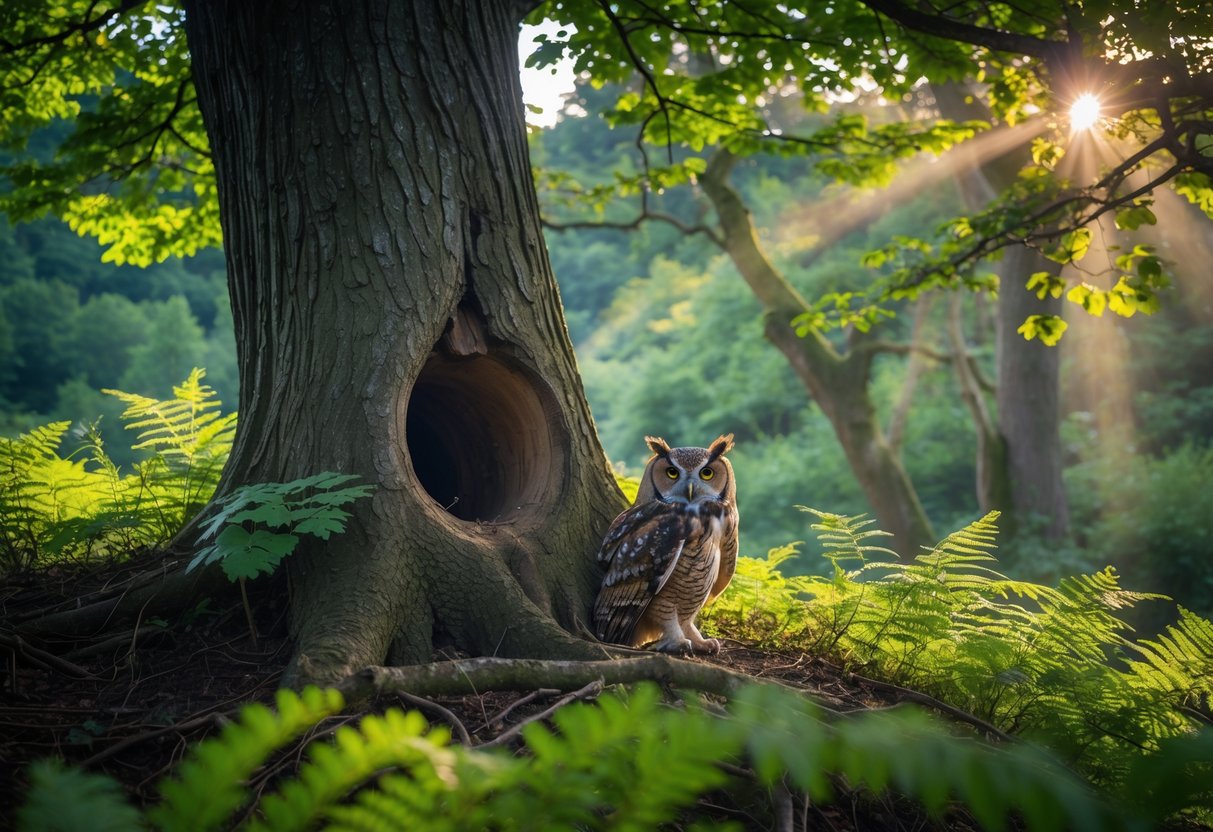 A tawny owl perched near a hollow in an oak tree in a dense UK woodland surrounded by green foliage.