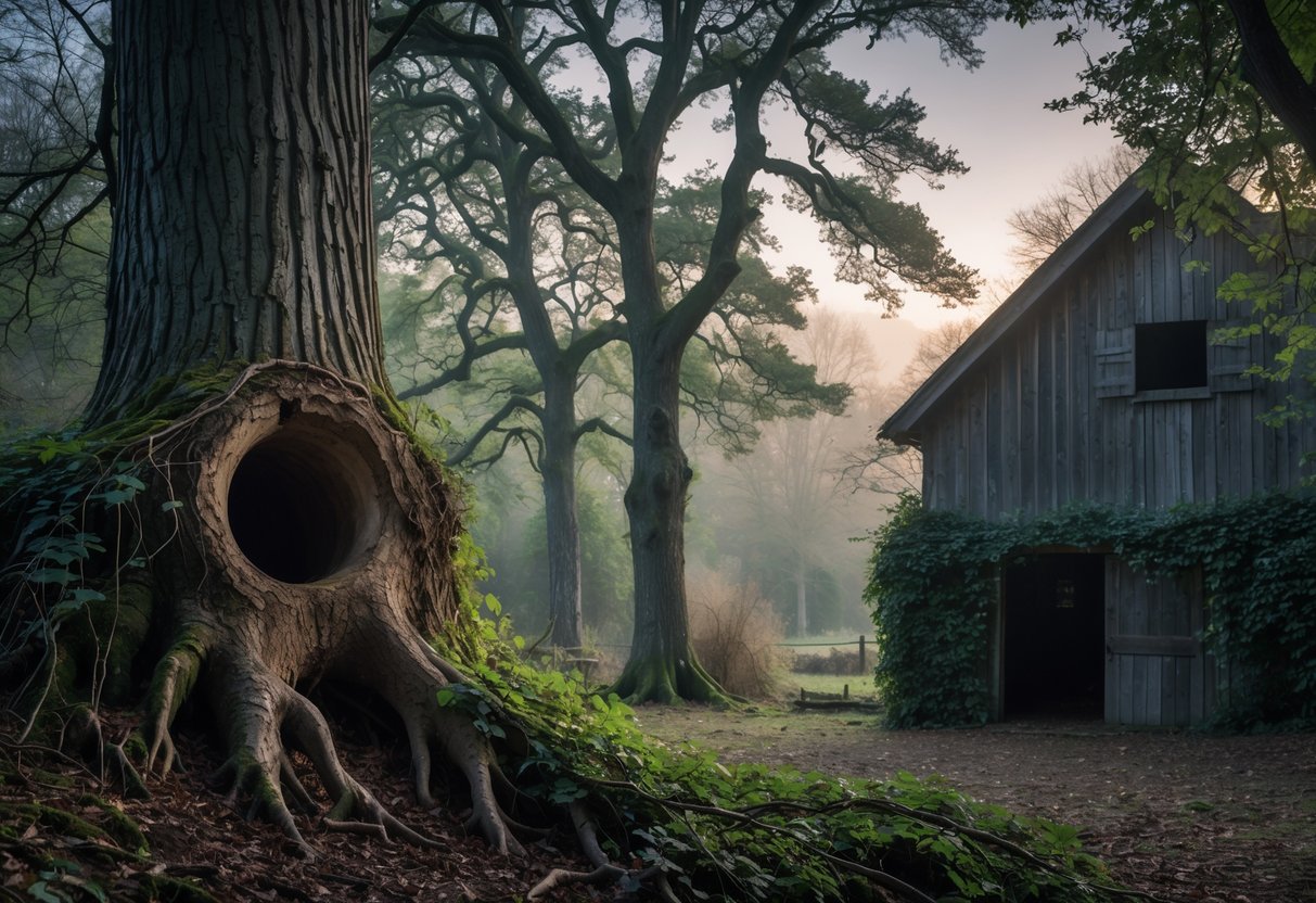 A woodland scene in the UK showing mature trees with hollows and a rustic barn, highlighting typical owl nesting sites.