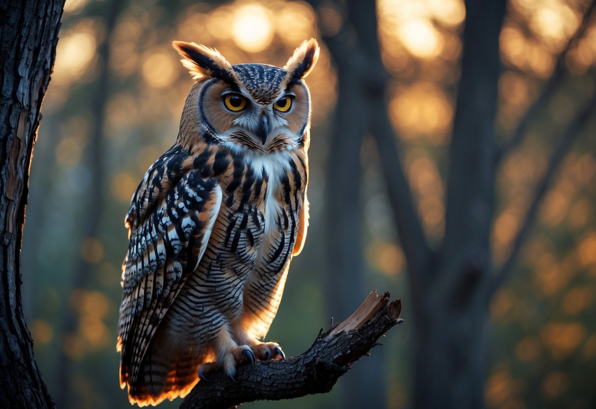 An owl perched on a tree branch with sharp eyes and detailed feathers against a softly lit forest background at dusk.