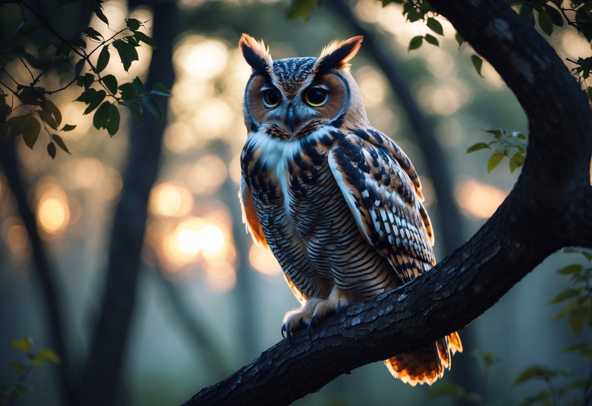 An owl perched on a tree branch at dusk with a forest background.