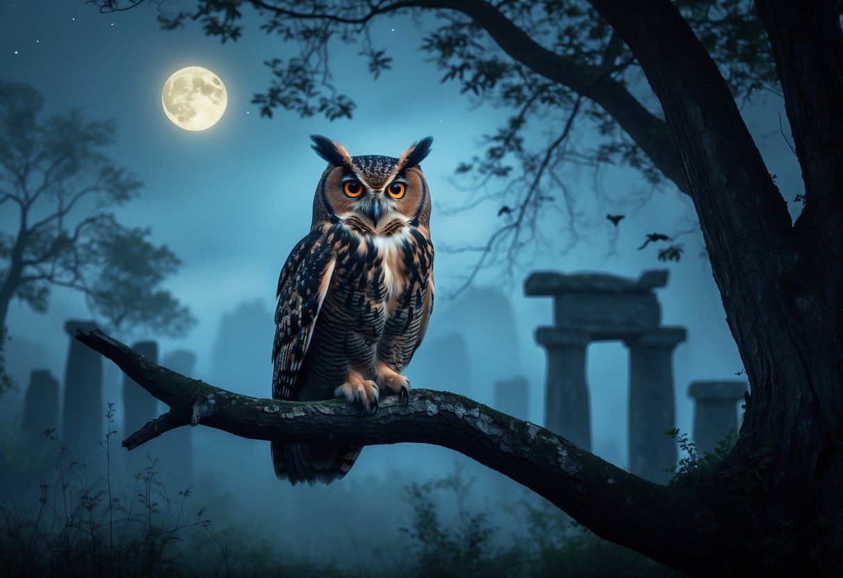 An owl perched on a tree branch in a misty forest at dusk, with ancient ruins and glowing cultural symbols faintly visible in the background.