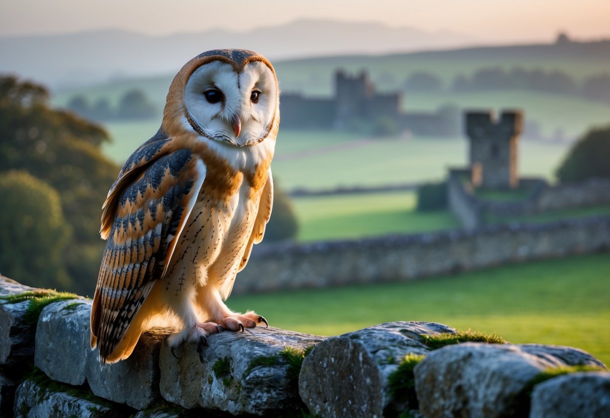 A barn owl perched on an old stone wall with green hills and a castle in the background at dawn.
