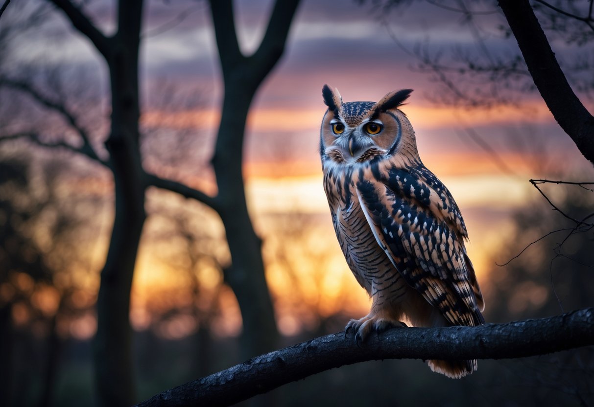 A British owl perched on a tree branch in a woodland at dusk with its beak open as if calling.