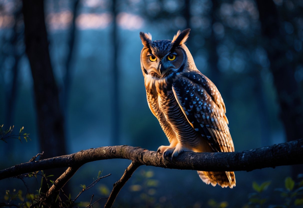 An owl with yellow eyes perched on a tree branch in a misty forest at twilight.