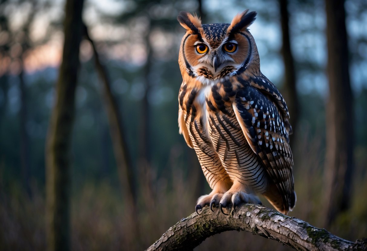An owl perched on a branch in a forest at dusk, looking alert with large eyes.
