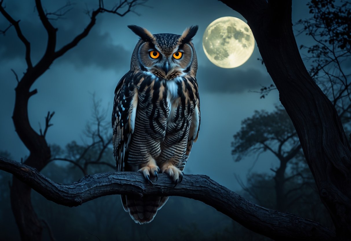 An owl with glowing eyes perched on a tree branch in a dark, foggy forest at night with a full moon in the background.