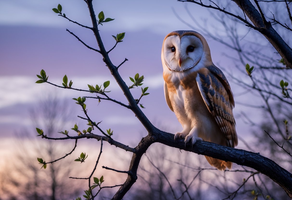 A barn owl perched on a bare tree branch at dusk with early spring foliage in the background.